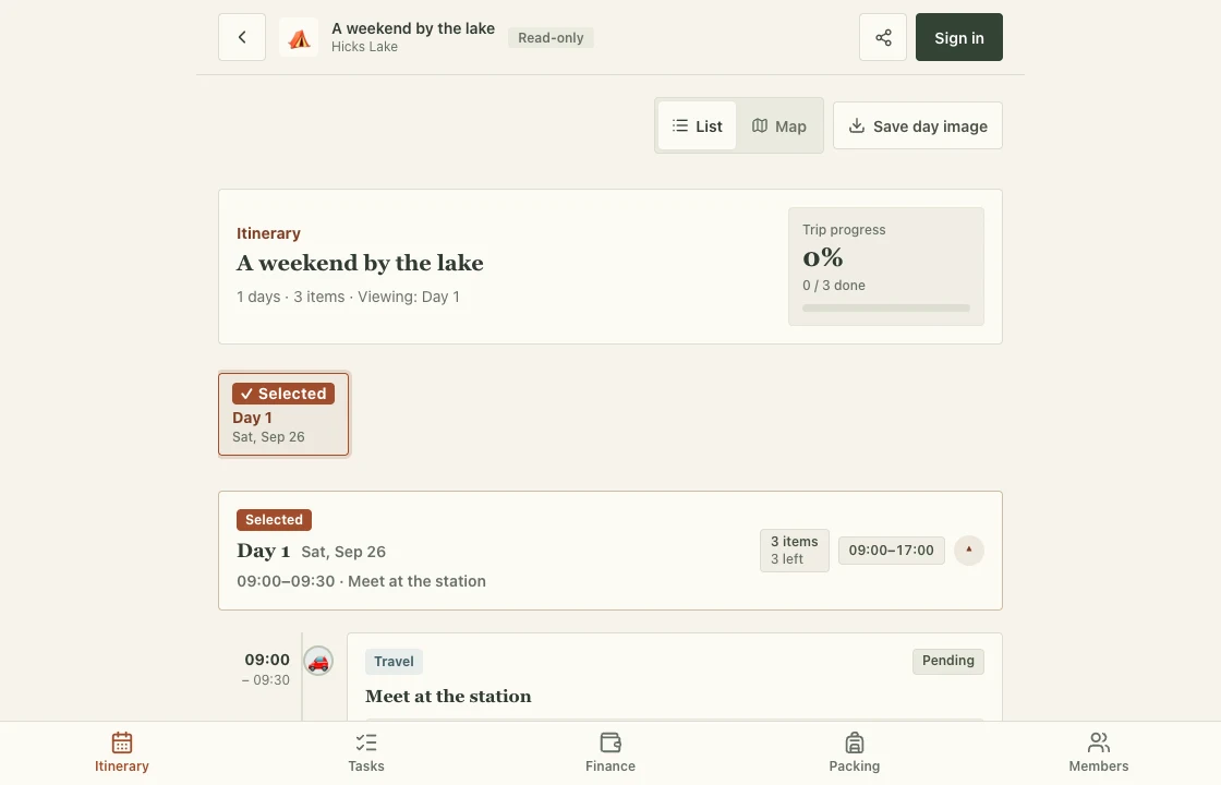 Camping’s English itinerary in the paper-and-ink interface: a sample lakeside day, progress and trip navigation.