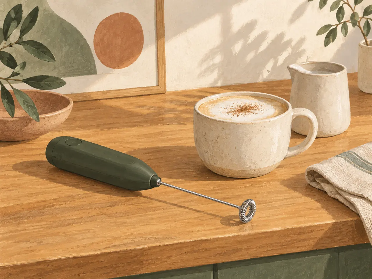 Illustrated handheld whisk beside a cup of foamy coffee and a small milk pitcher.