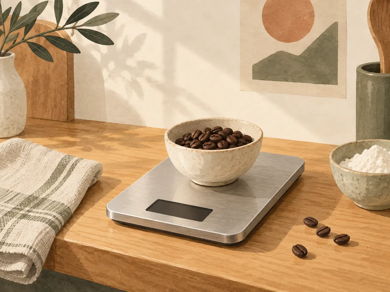 Illustrated kitchen scale holding a bowl of coffee beans, beside flour and linen.