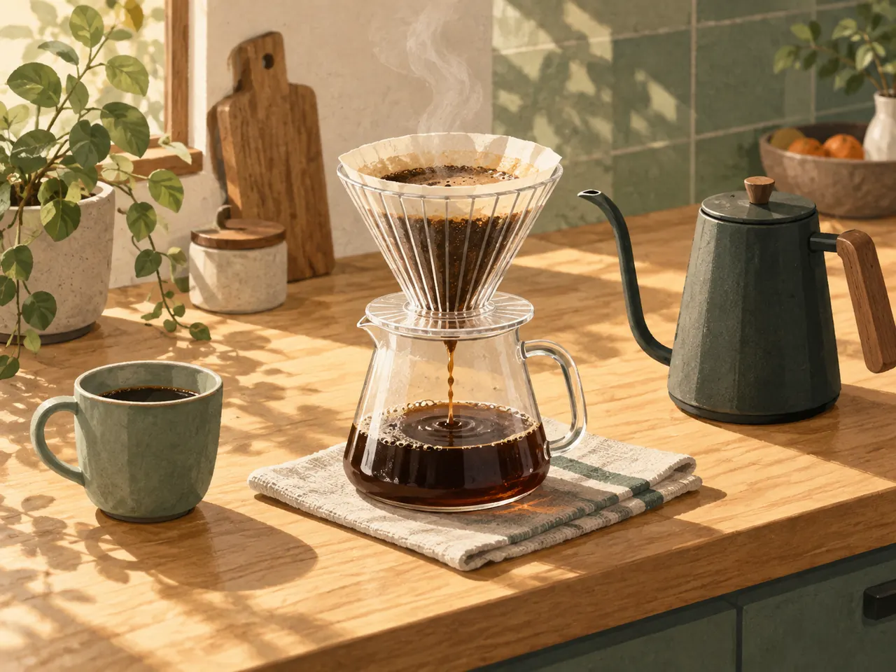 An illustrated pour-over dripper, glass server and kettle on a sunlit counter.