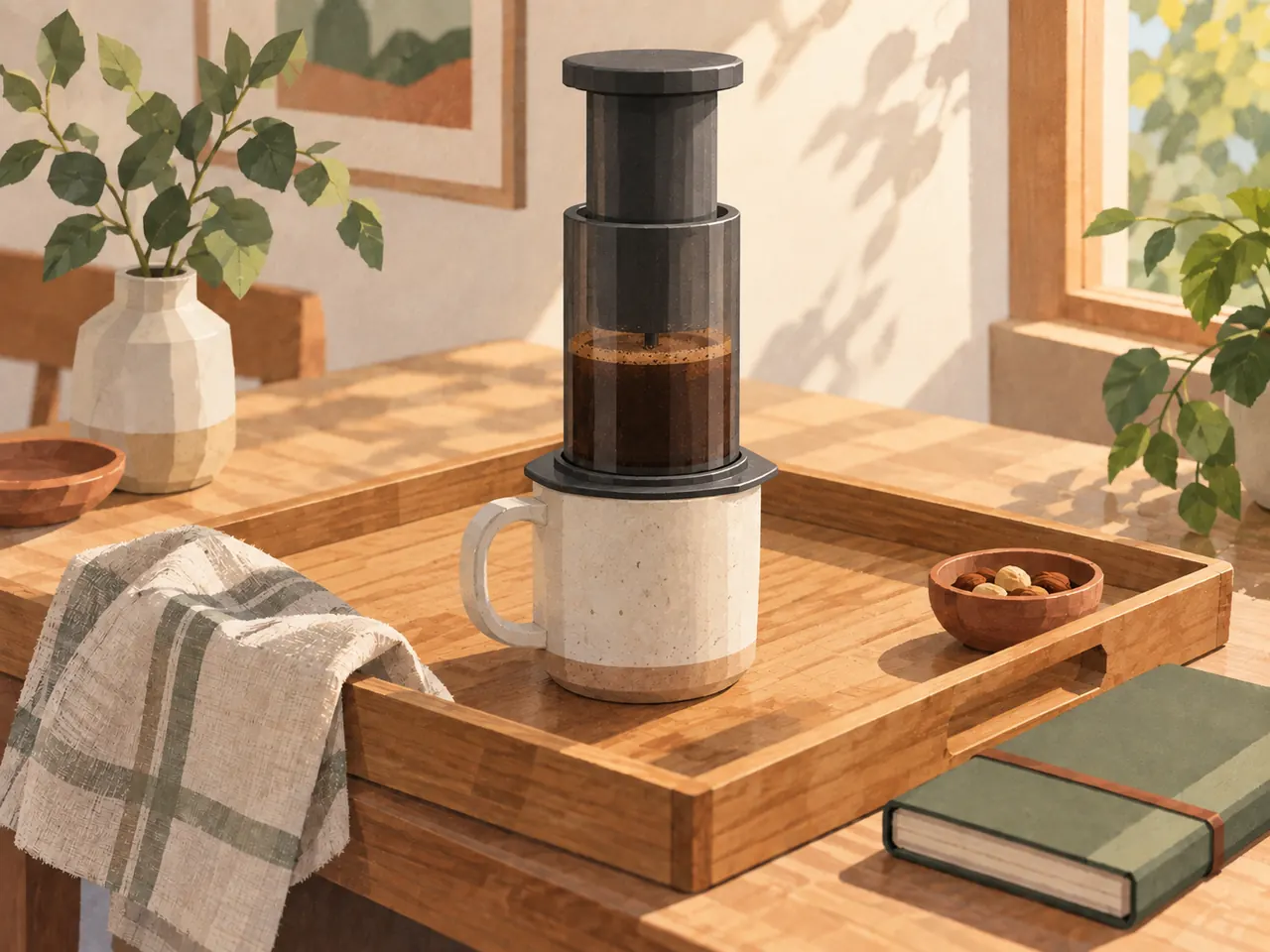 An illustrated manual coffee press and mug beside a travel notebook.