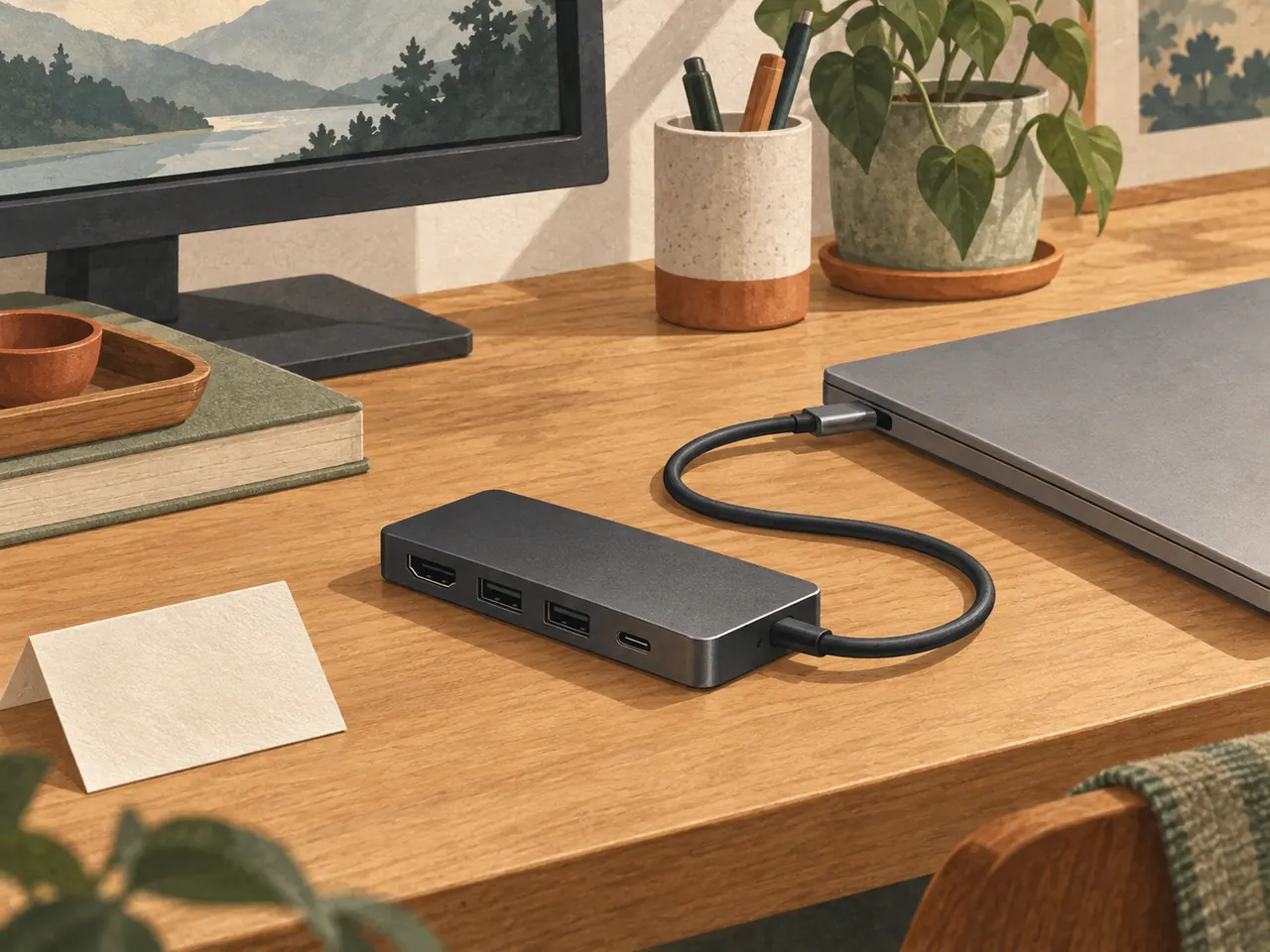 An illustrated compact hub and cable beside a laptop on a wooden desk.