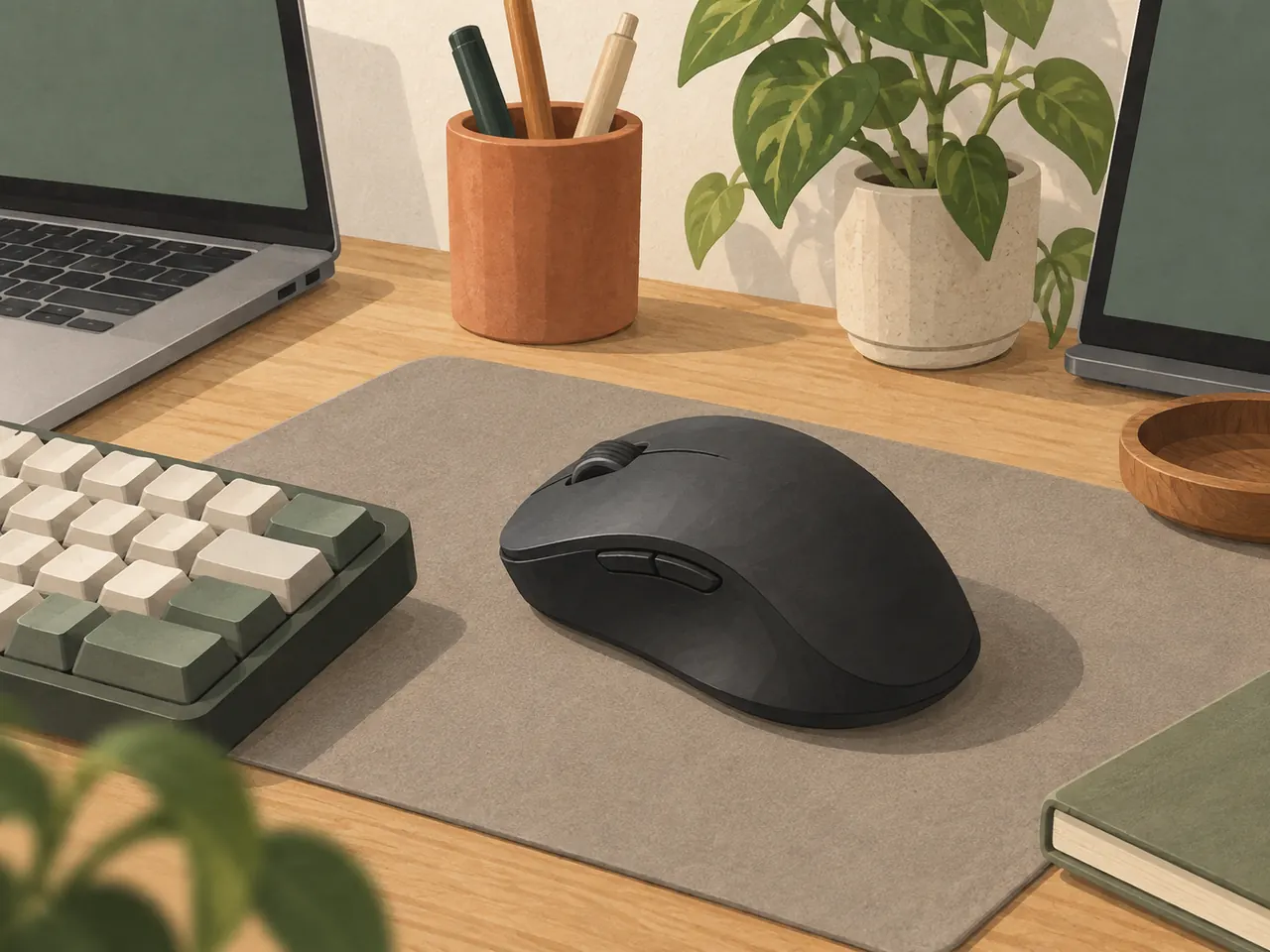 An illustrated dark wireless mouse and keyboard on a quiet work desk.