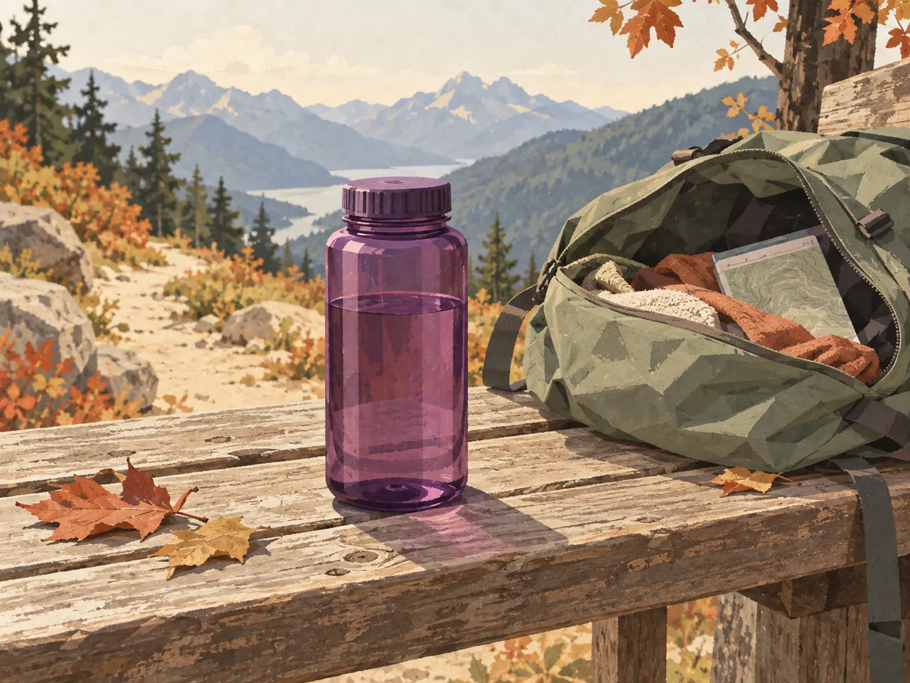 An illustrated purple wide-mouth bottle beside a daypack on an autumn trail.