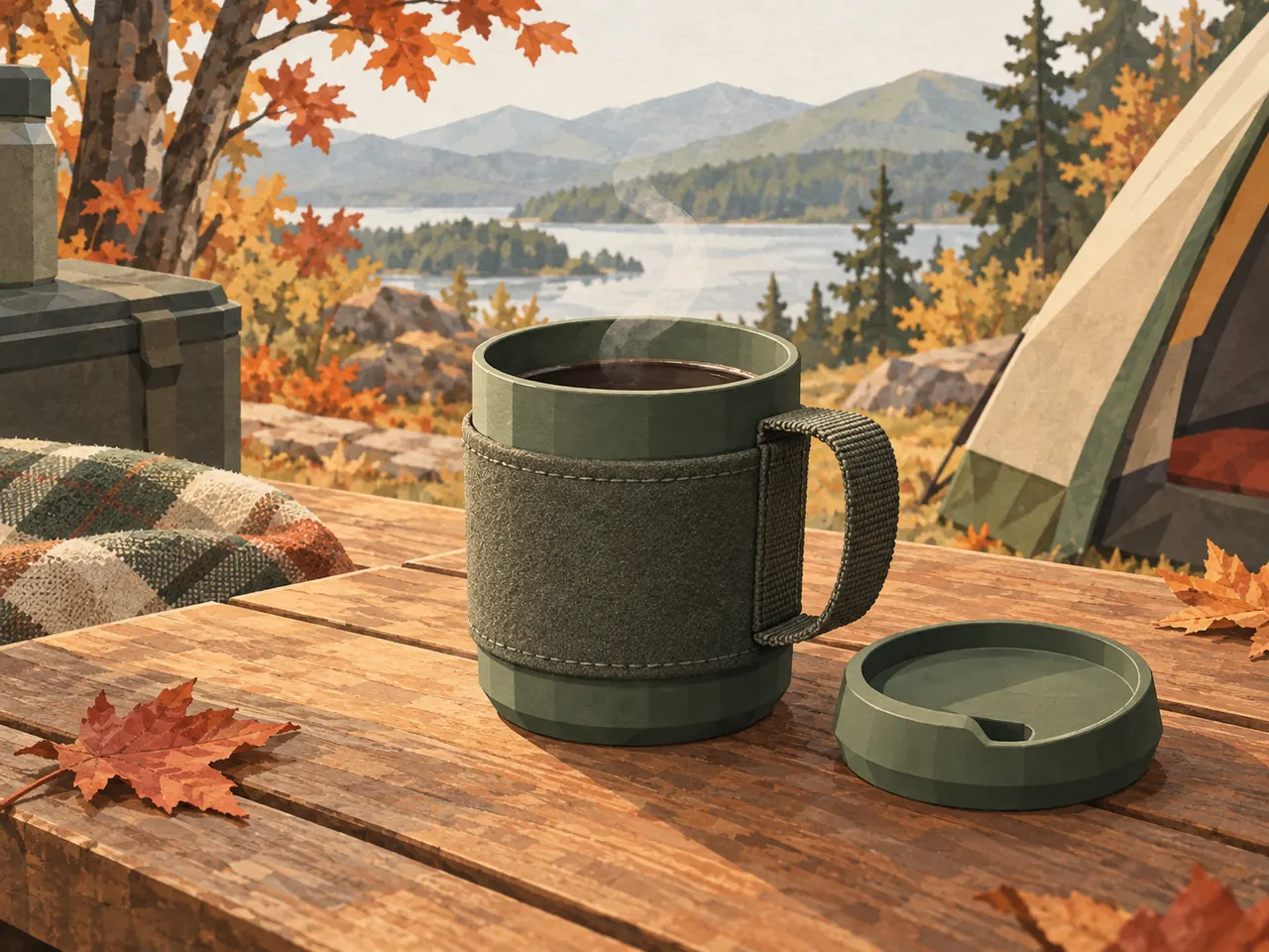 An illustrated green camp mug with a fabric handle on a picnic table.