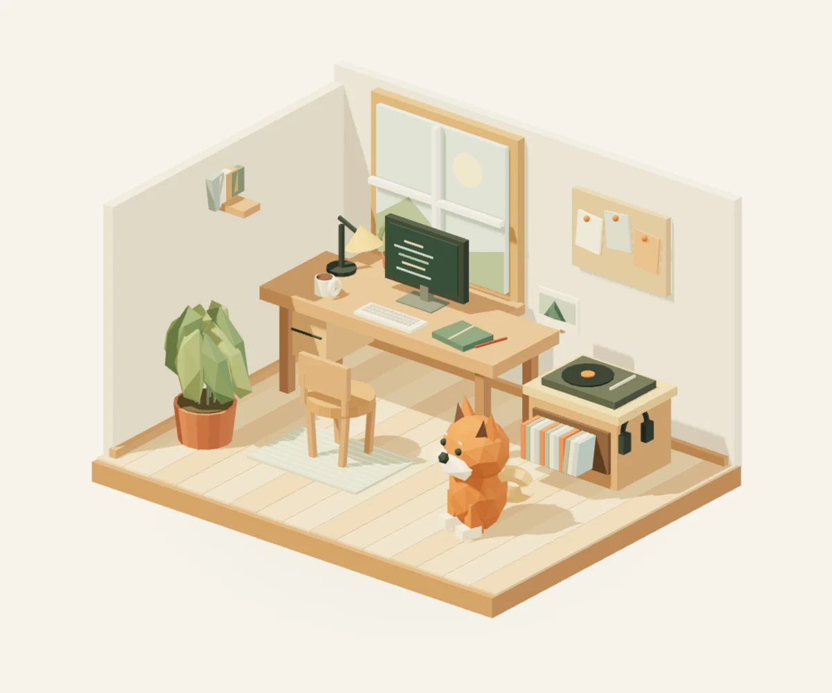 An imagined wooden studio, with a computer, record player, notebook, postcard and shiba character.